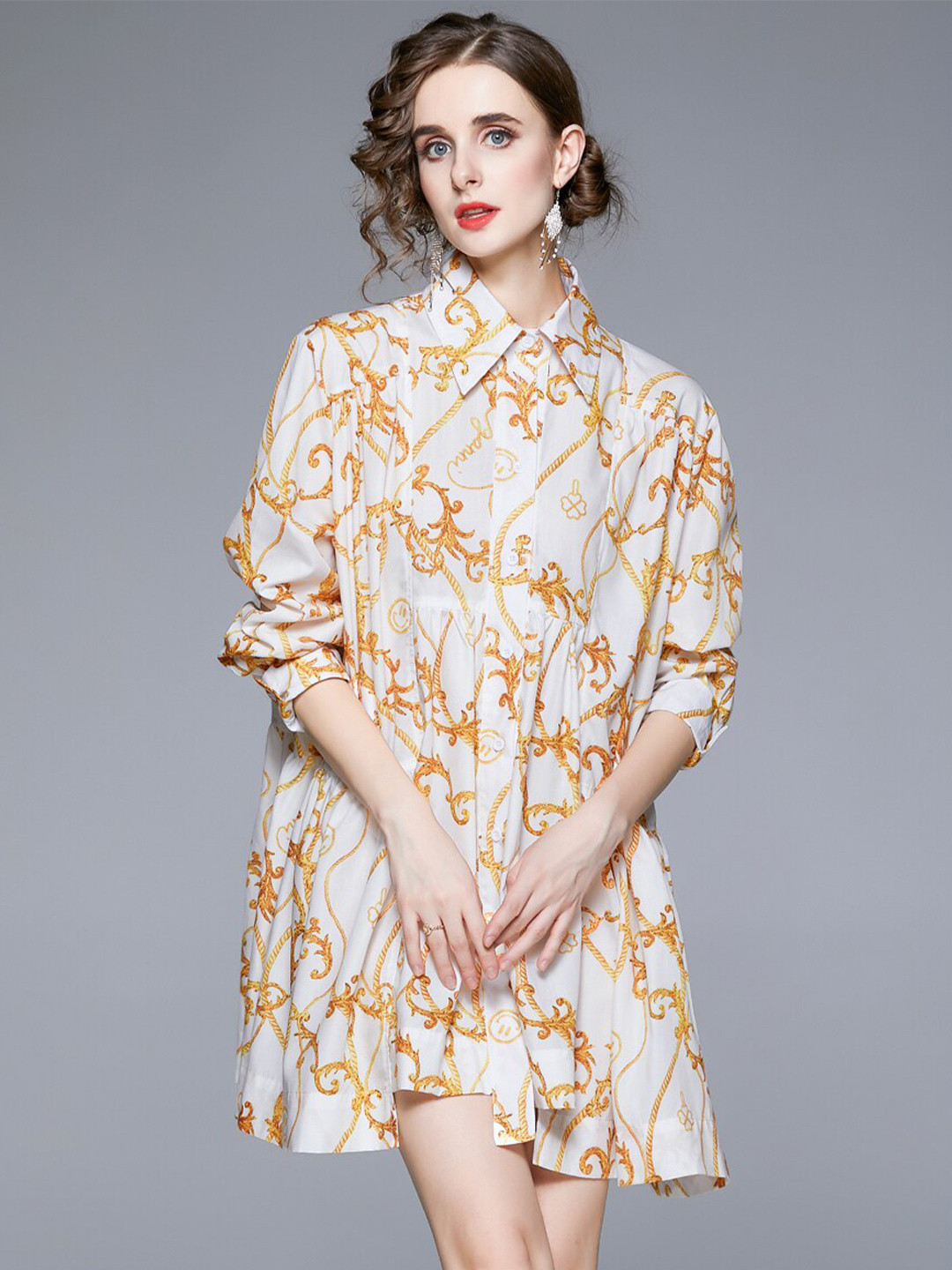 

JC Collection Shirt Collar Floral Printed A-Line Dress, White