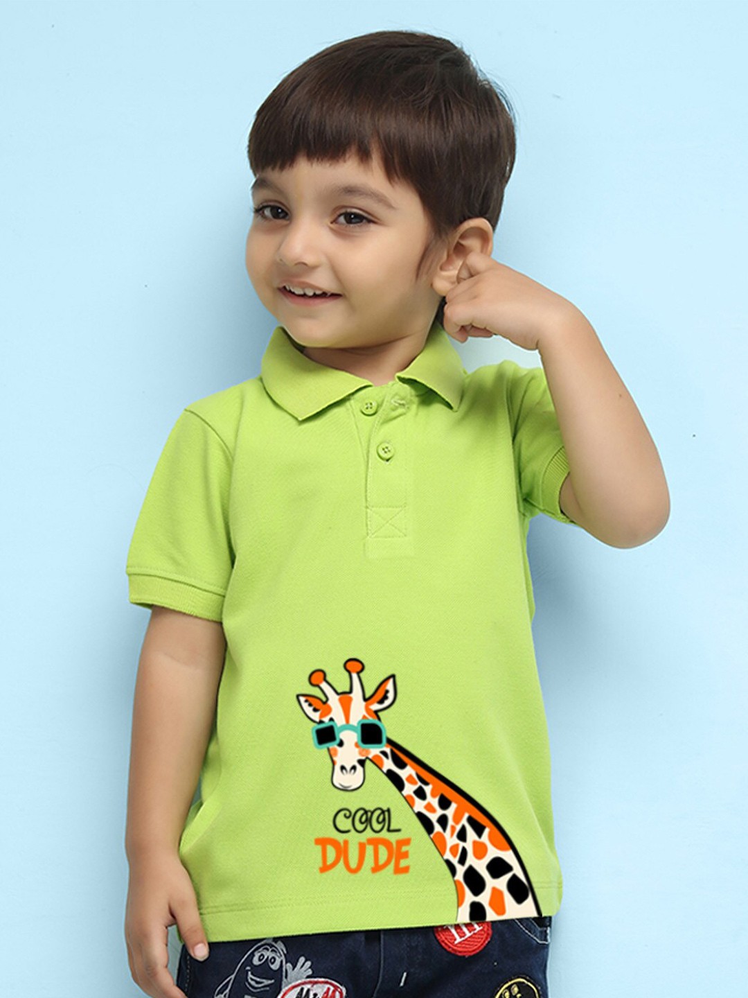 

NUSYL Boys Giraffe Printed Polo Collar T-shirt, Green