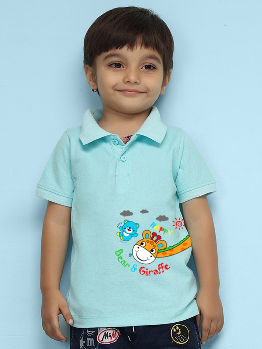 

NUSYL Kids Bear & Giraffe Printed Polo Collar T-shirt, Blue