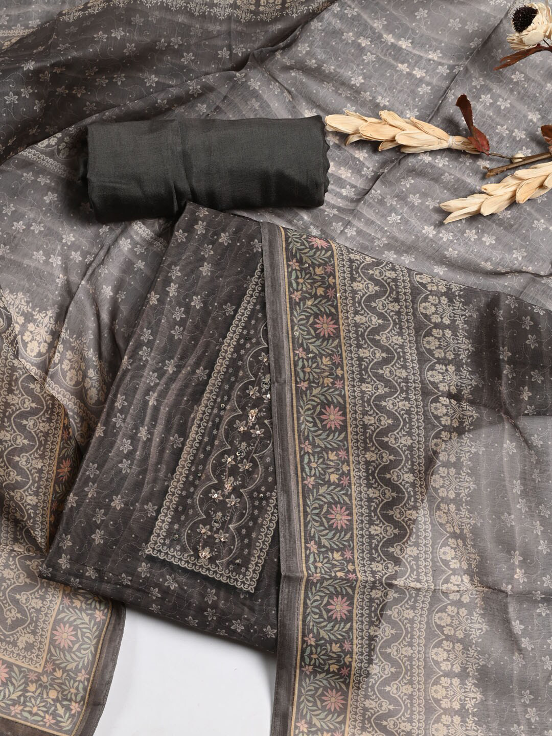 

Meena Bazaar Floral Printed Dupion Silk Unstitched Dress Material, Grey