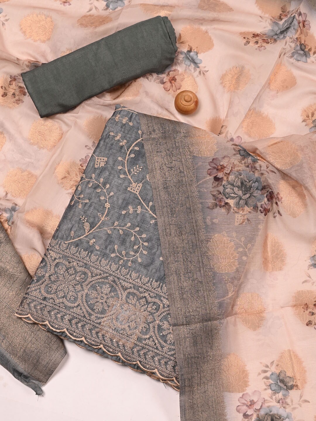 

Meena Bazaar Floral Embroidered Zari Silk Unstitched Dress Material, Grey