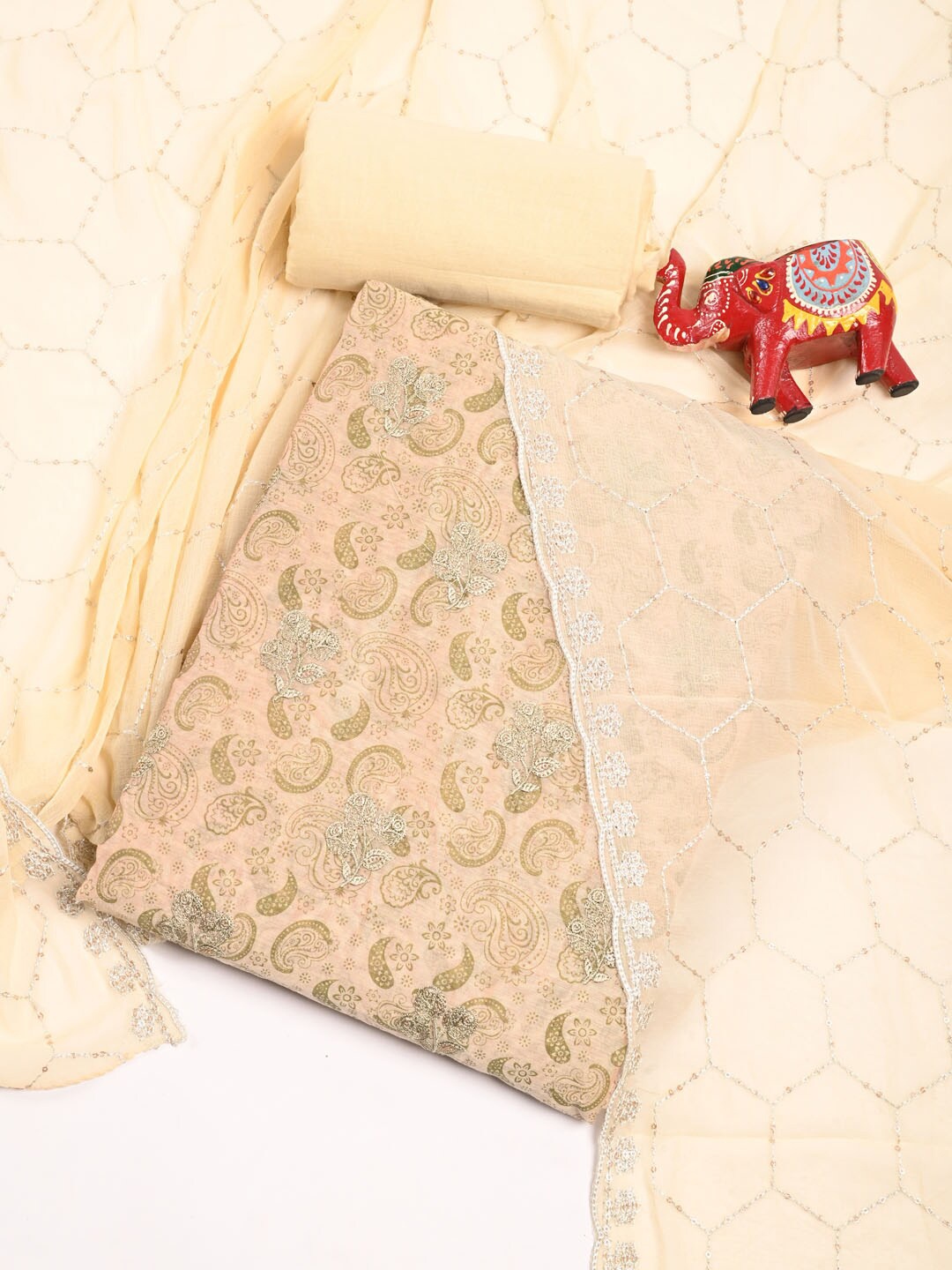 

Meena Bazaar Paisley Printed Dupion Silk Unstitched Dress Material, Green