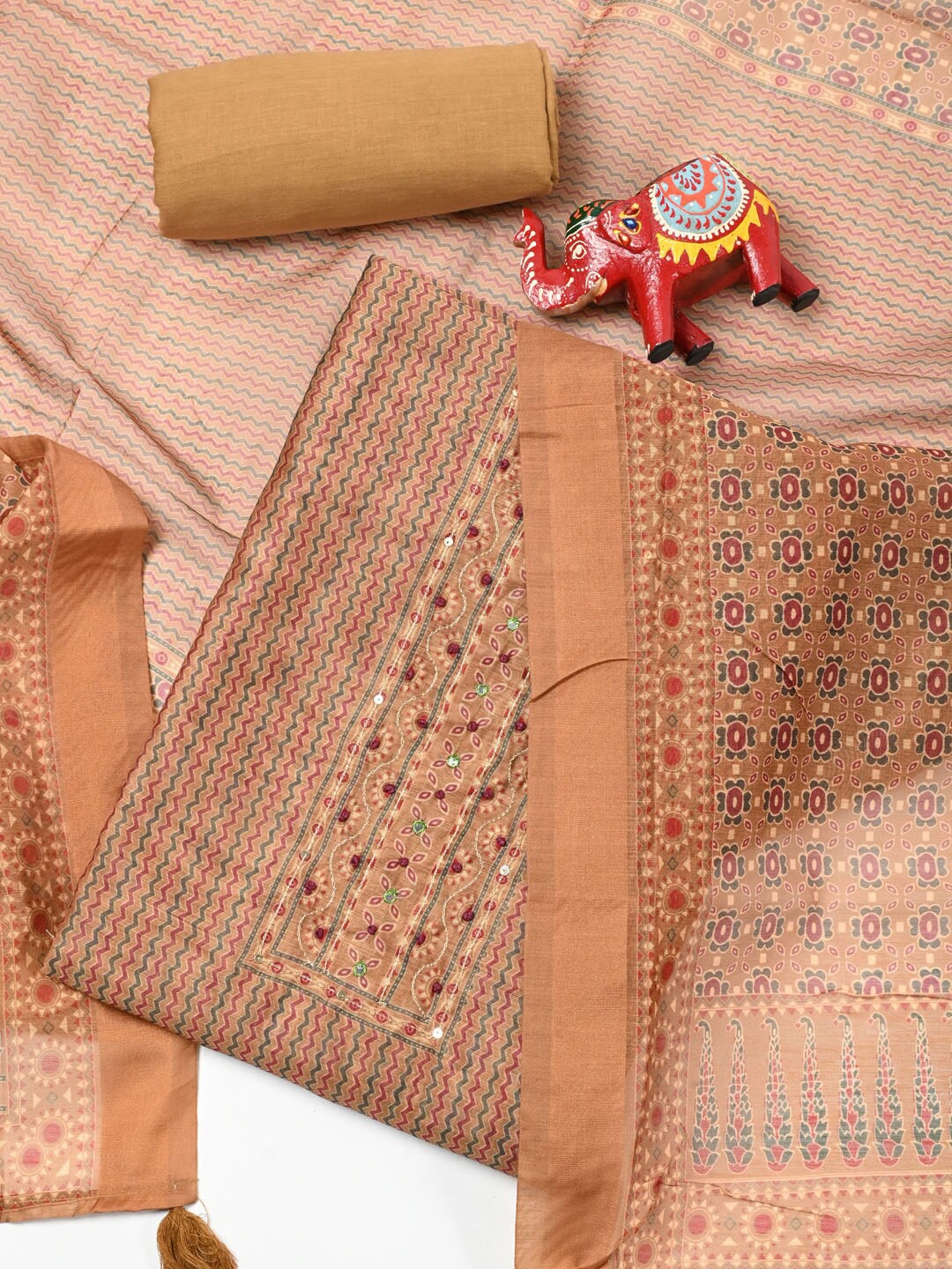 

Meena Bazaar Geometric Printed Dupion Silk Unstitched Dress Material, Mustard