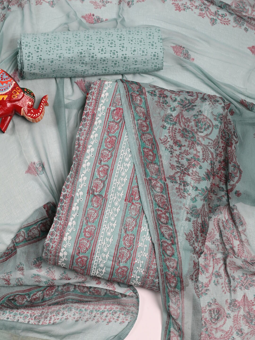 

Meena Bazaar Sea Green & Red Pure Cotton Unstitched Dress Material
