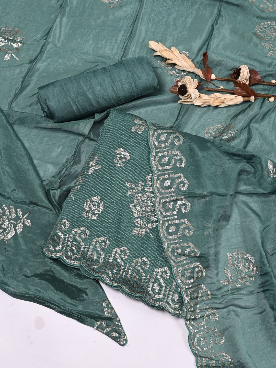 

Meena Bazaar Embellished Pure Cotton Unstitched Dress Material, Green