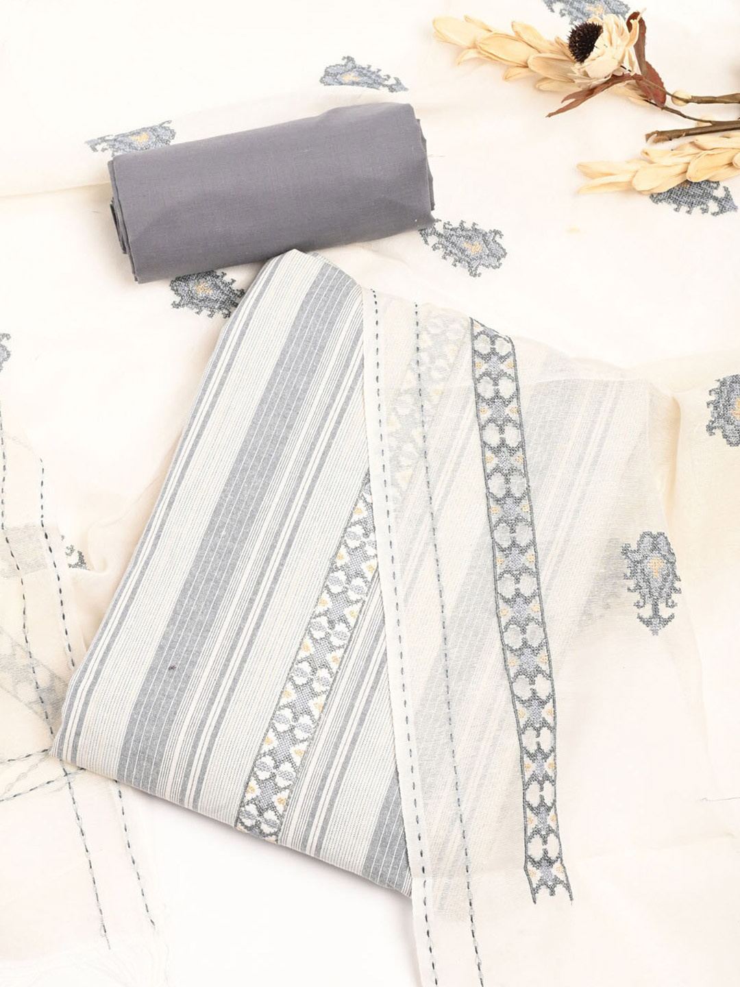 

Meena Bazaar Embroidered Pure Cotton Unstitched Dress Material, Cream