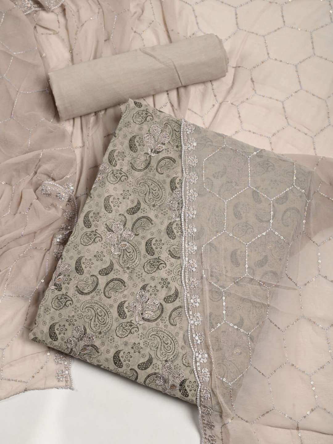 

Meena Bazaar Embroidered Dupion Silk Unstitched Dress Material, Grey