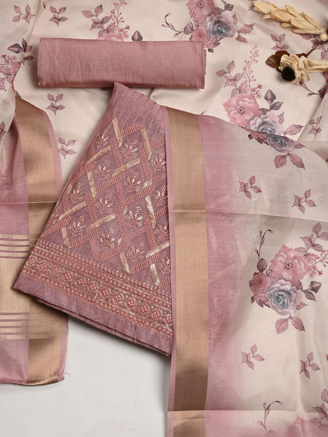 

Meena Bazaar Embroidered Dupion Silk Unstitched Dress Material, Pink