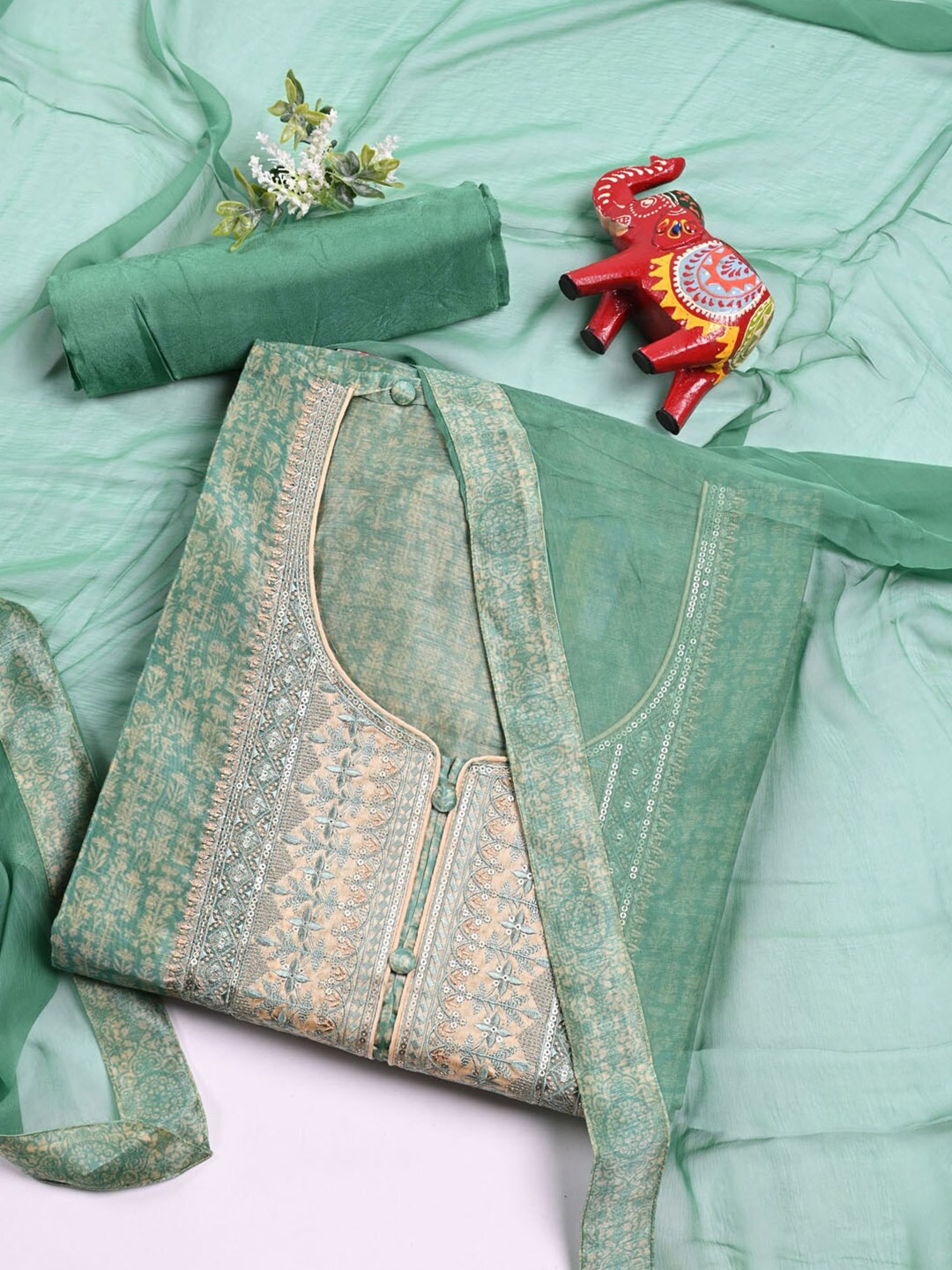 

Meena Bazaar Floral Printed Sequinned Embroidered Dupion Silk Unstitched Dress Material, Green