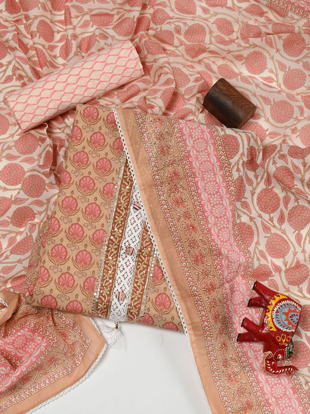 

Meena Bazaar Printed Pure Cotton Unstitched Dress Material, Peach