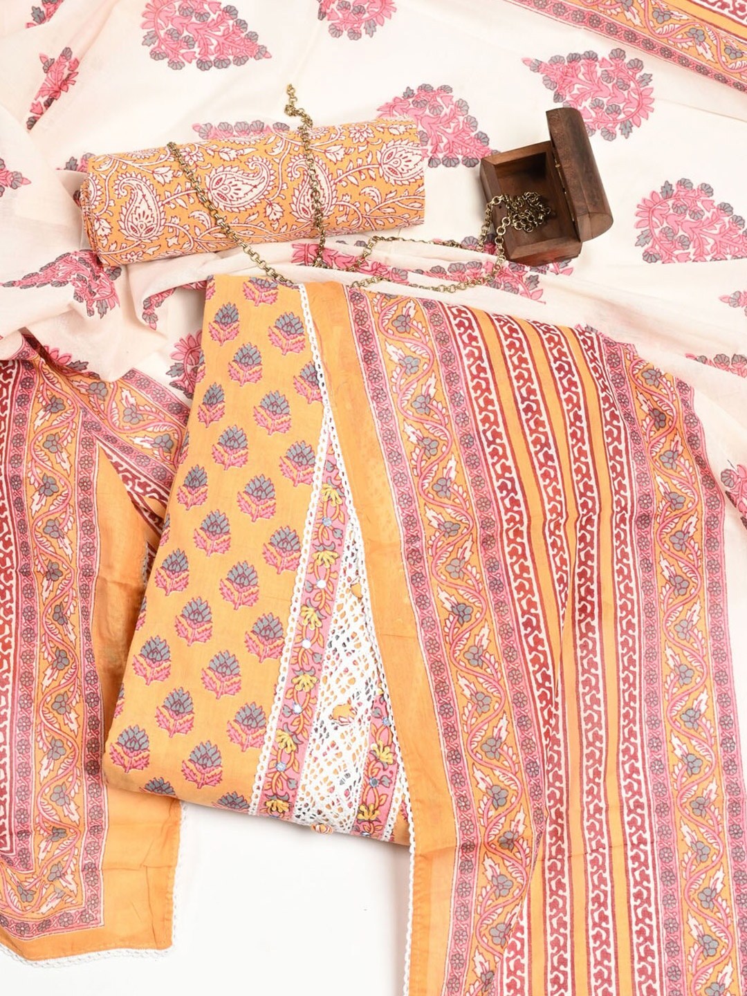 

Meena Bazaar Ethnic Motifs Printed Pure Cotton Unstitched Dress Material, Mustard