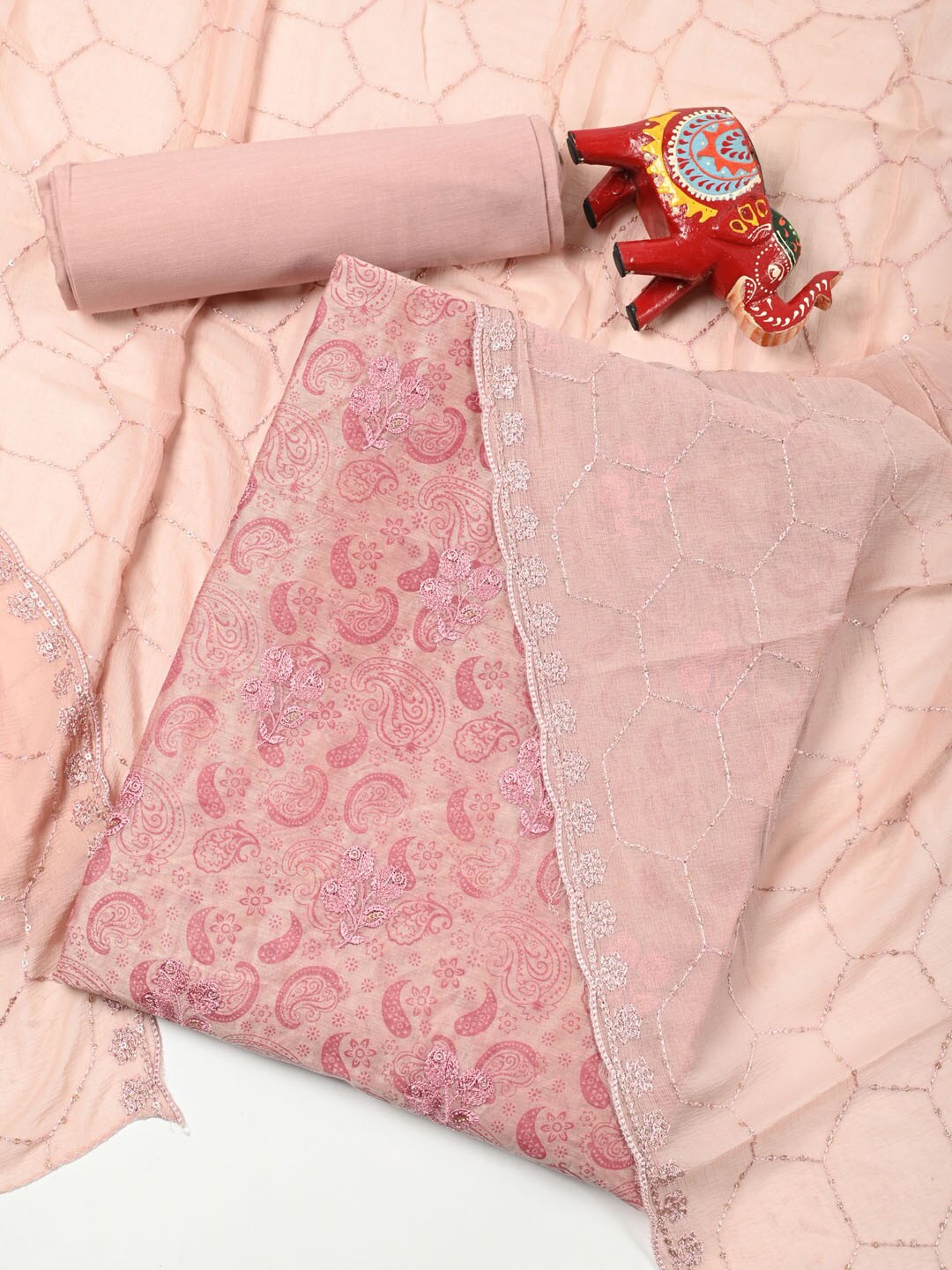 

Meena Bazaar Pink Dupion Silk Unstitched Dress Material