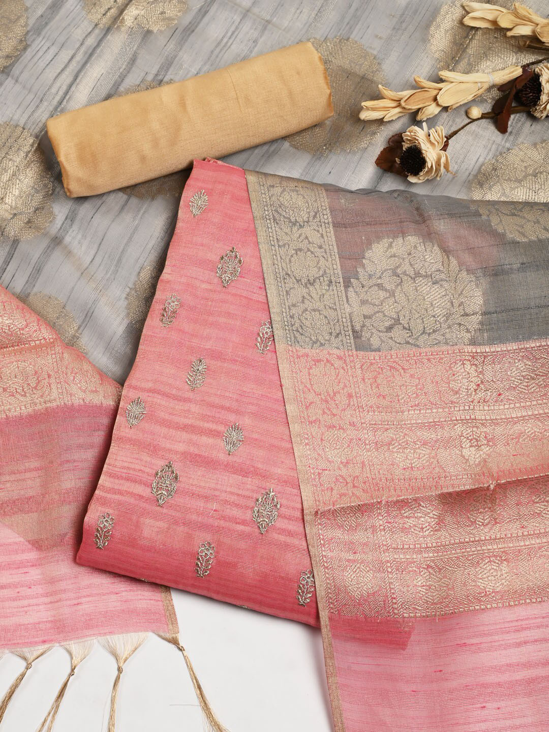 

Meena Bazaar Dupion Silk Unstitched Dress Material, Pink