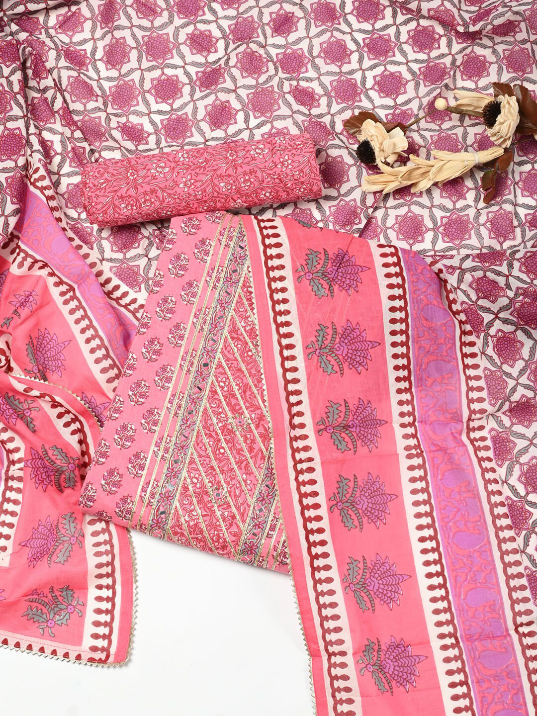 

Meena Bazaar Pure Cotton Unstitched Dress Material, Pink