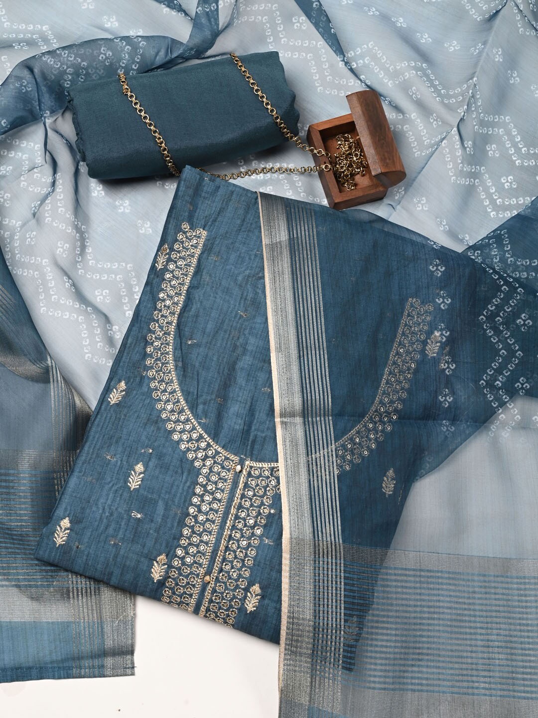 

Meena Bazaar Dupion Silk Unstitched Dress Material, Blue