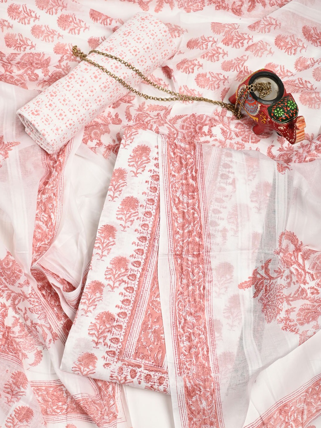 

Meena Bazaar Cream-Coloured & Pink Pure Cotton Unstitched Dress Material