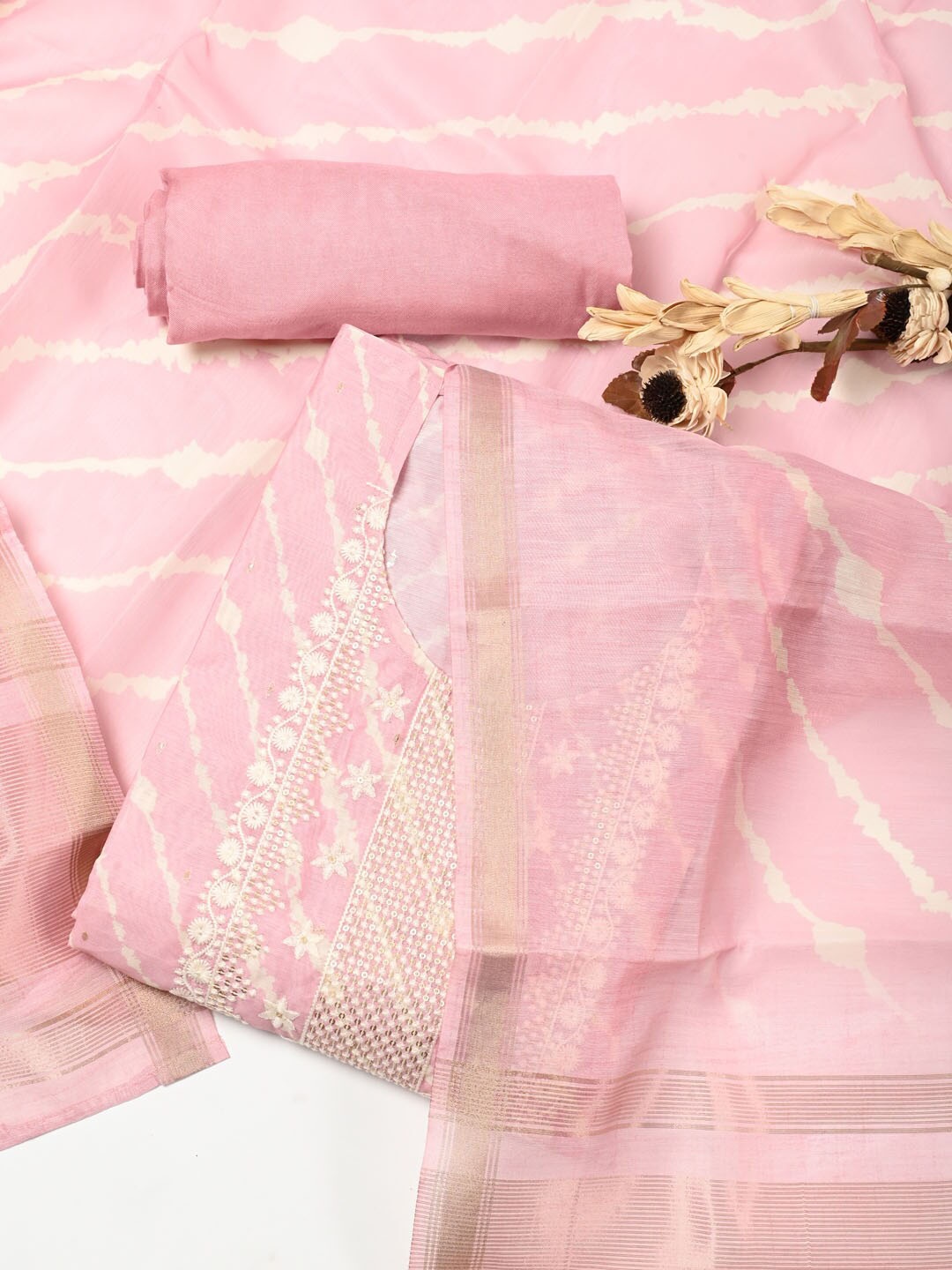 

Meena Bazaar Dupion Silk Unstitched Dress Material, Pink
