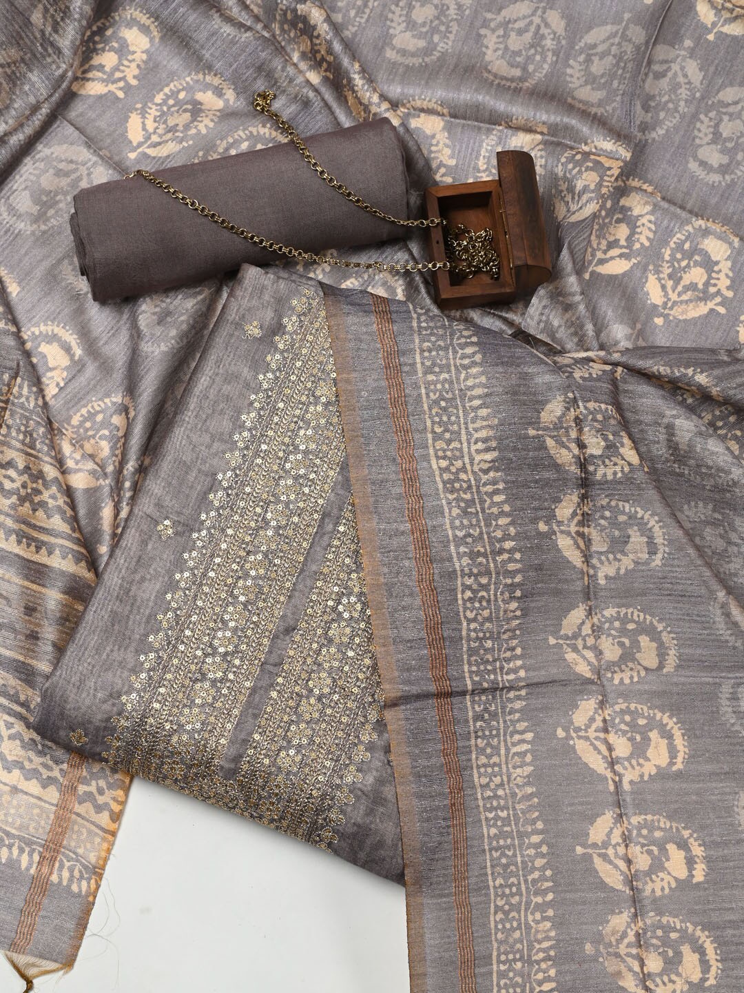 

Meena Bazaar Dupion Silk Unstitched Dress Material, Grey