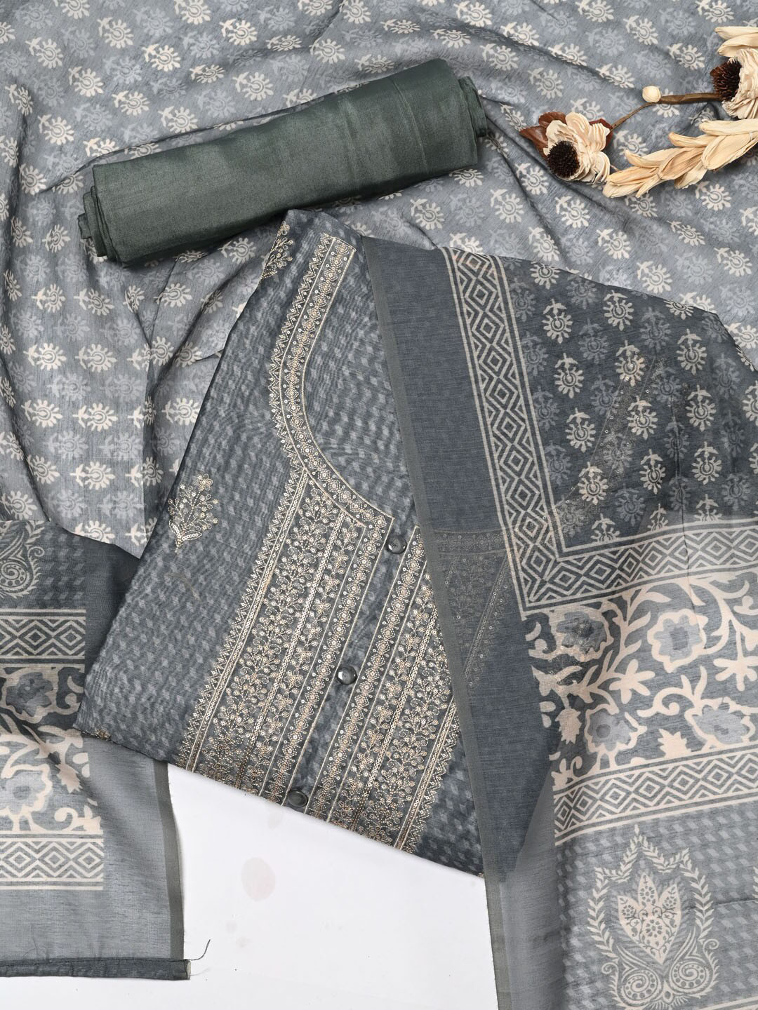 

Meena Bazaar Floral Embellished Dupion Silk Unstitched Dress Material, Grey