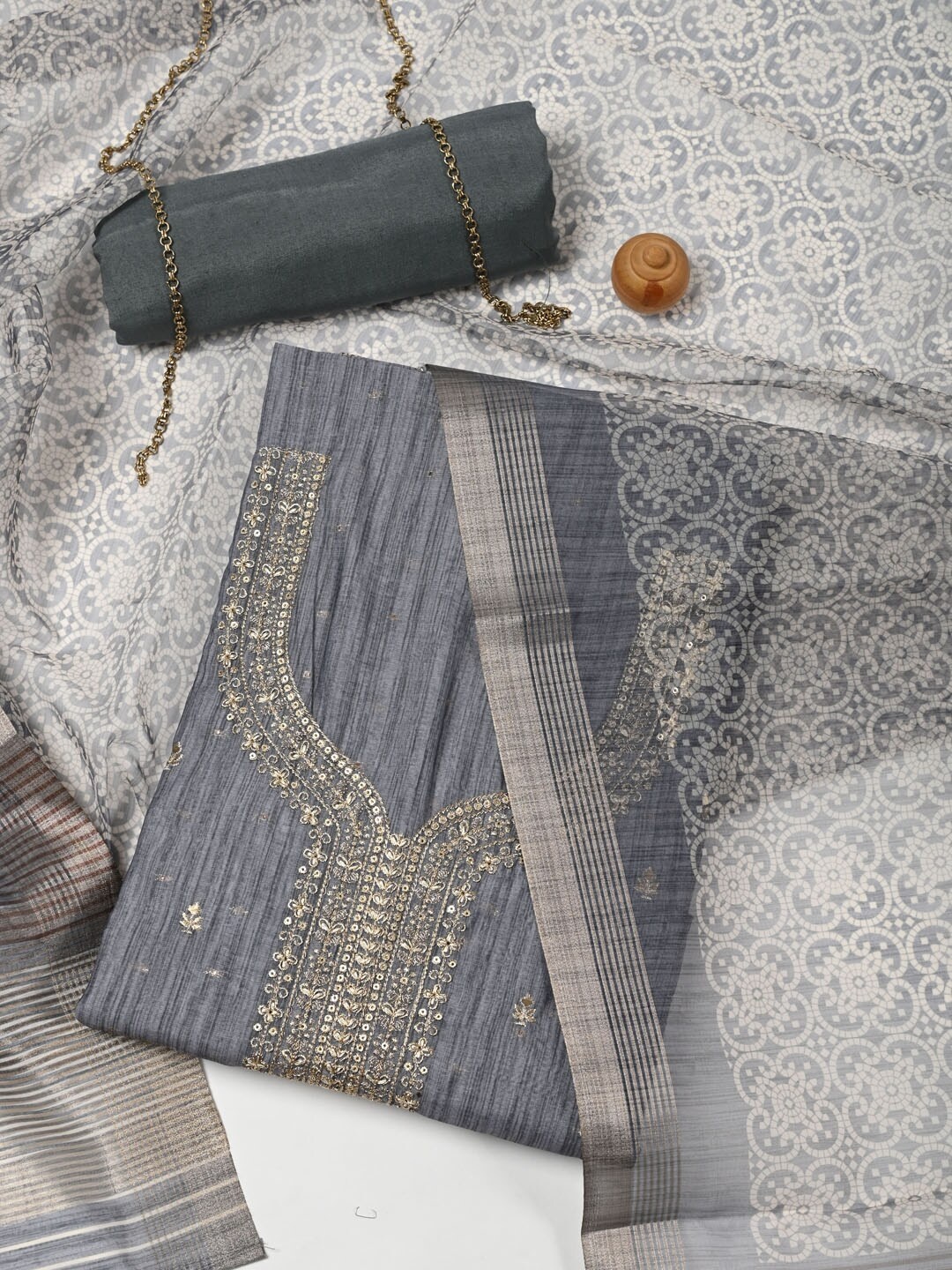 

Meena Bazaar Floral Embellished Dupion Silk Unstitched Dress Material, Grey