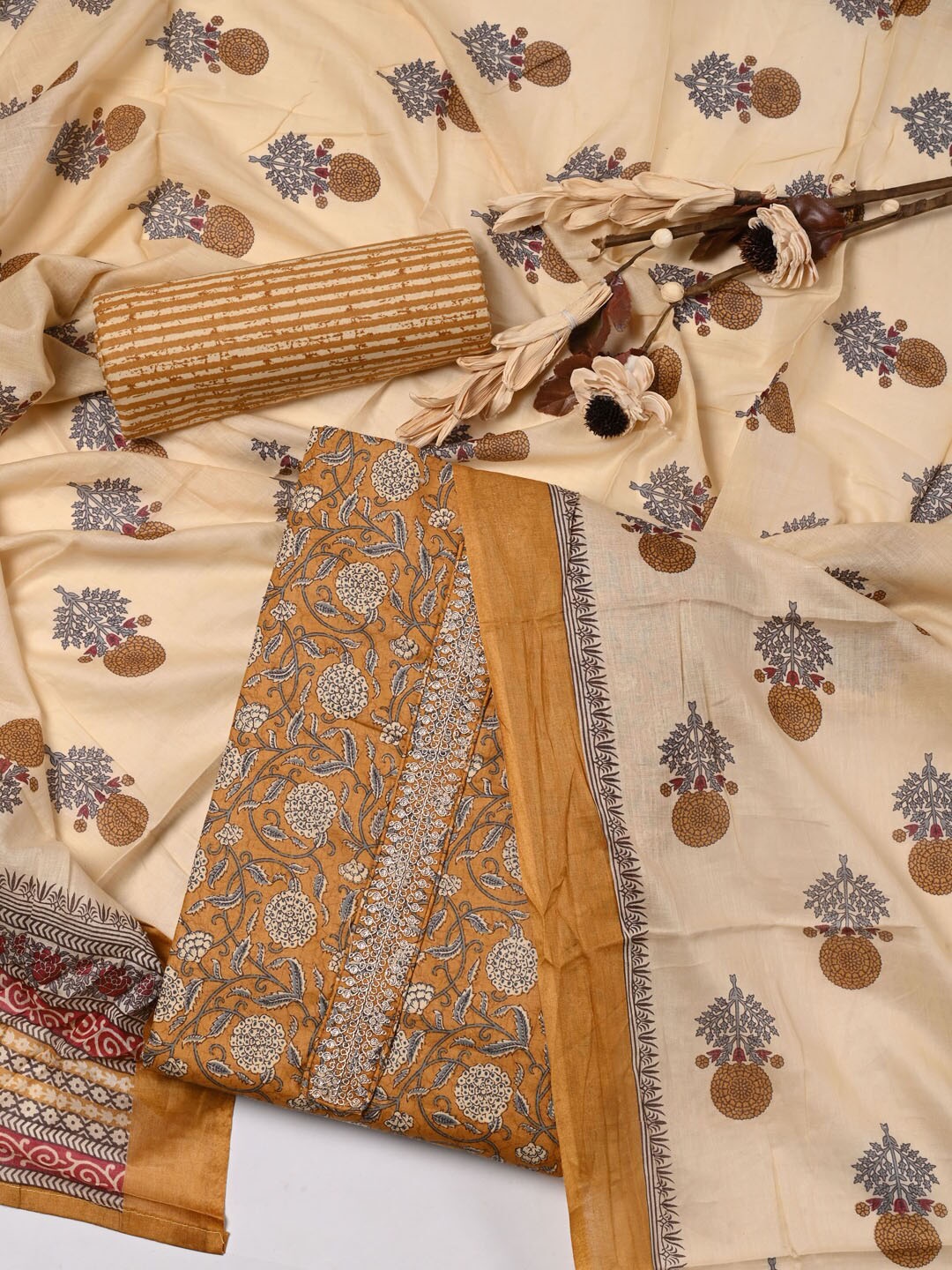 

Meena Bazaar Floral Printed Pure Cotton Unstitched Dress Material, Mustard