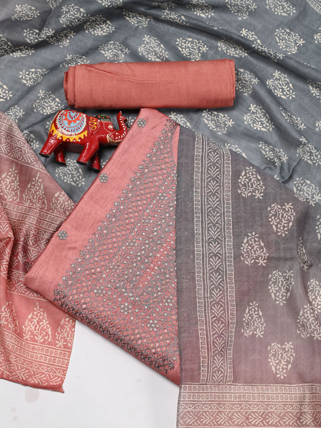 

Meena Bazaar Embroidered Dupion Silk Unstitched Dress Material, Peach