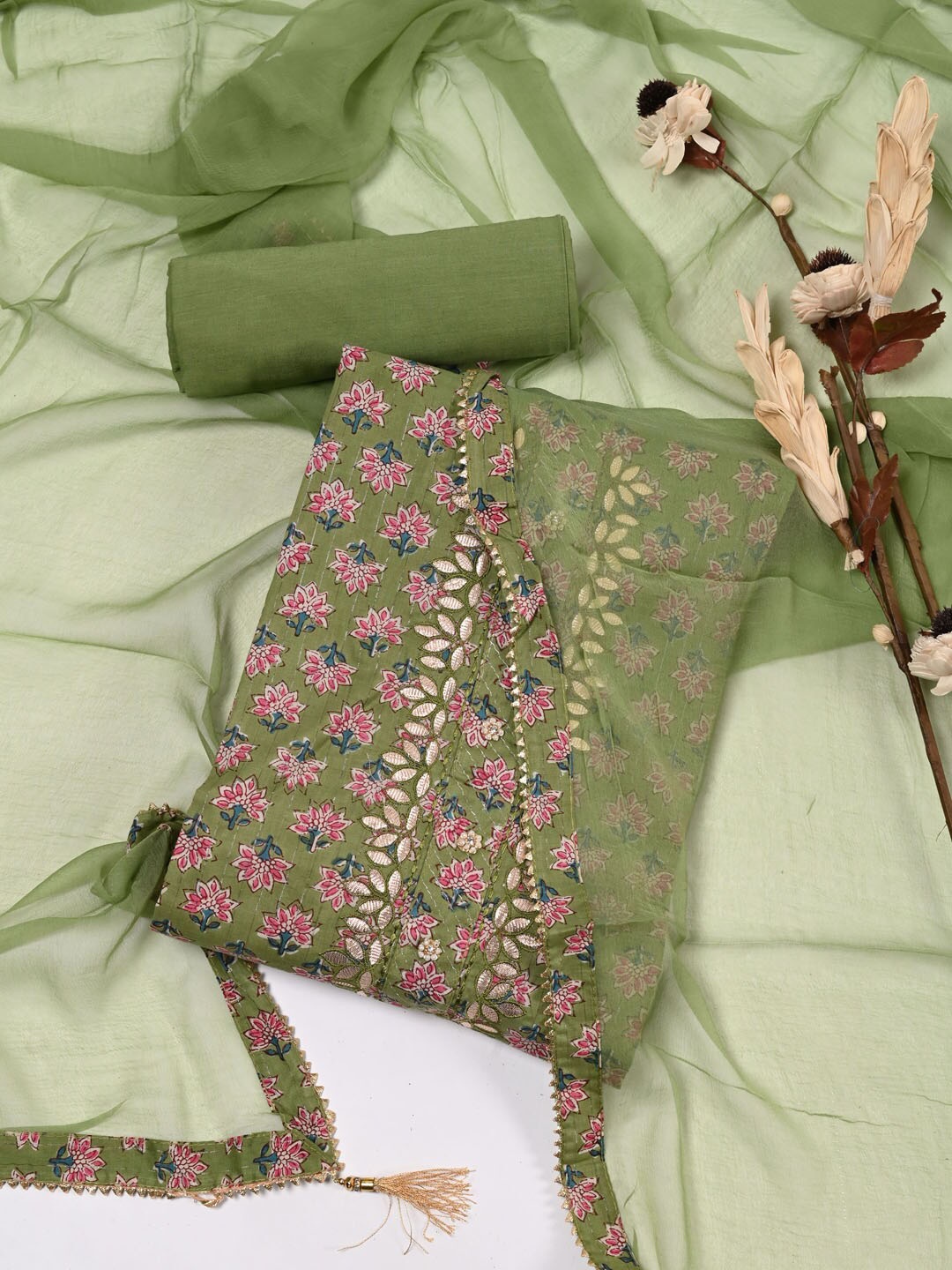 

Meena Bazaar Ethnic Motifs Printed Pure Cotton Unstitched Dress Material, Green