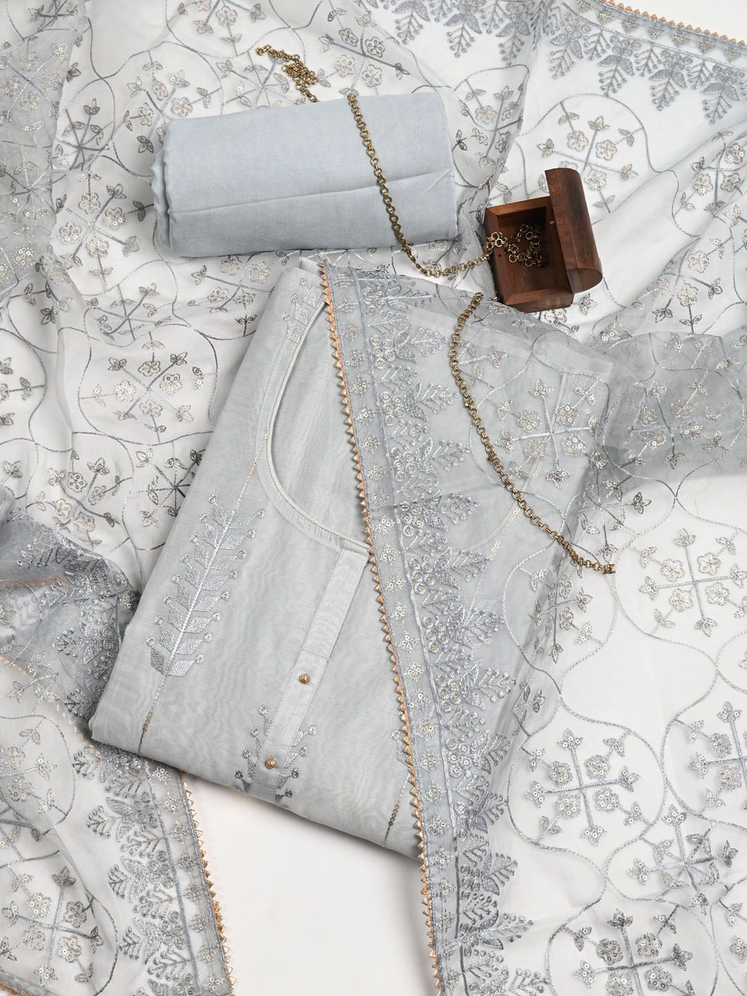 

Meena Bazaar Ethnic Motifs Embroidered Dupion Silk Unstitched Dress Material, Grey
