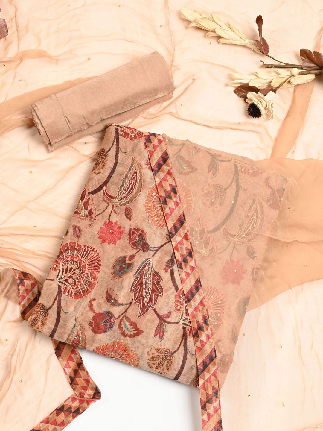 

Meena Bazaar Floral Embroidered Dupion Silk Unstitched Dress Material, Peach