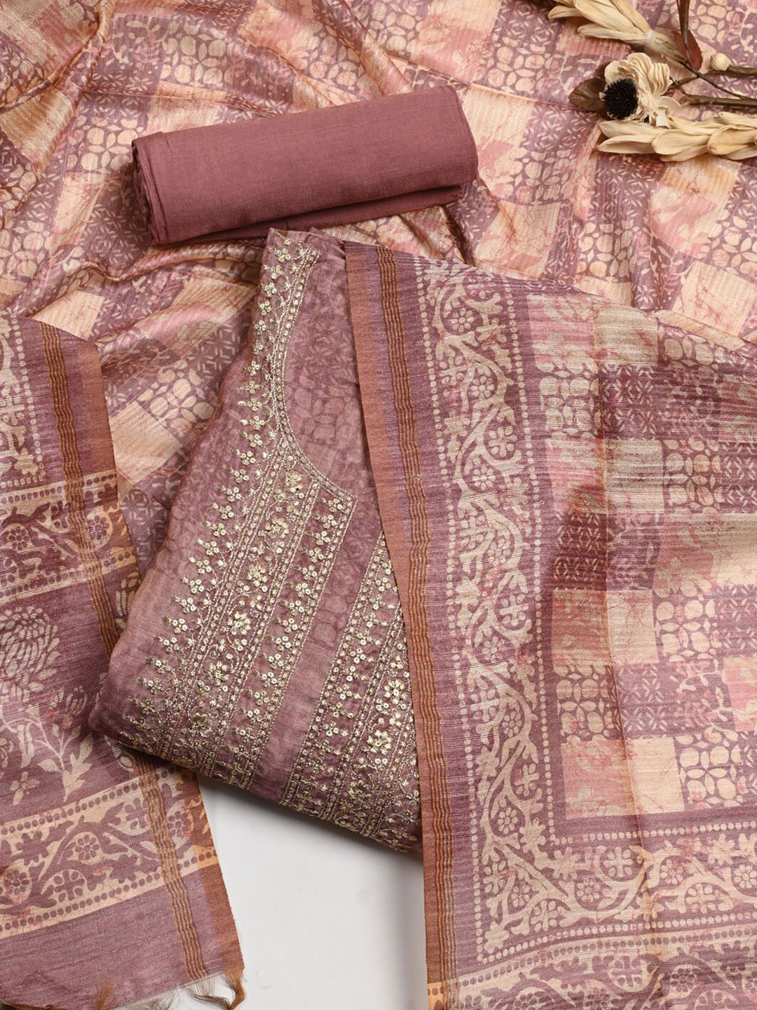

Meena Bazaar Floral Embellished Dupion Silk Unstitched Dress Material, Pink