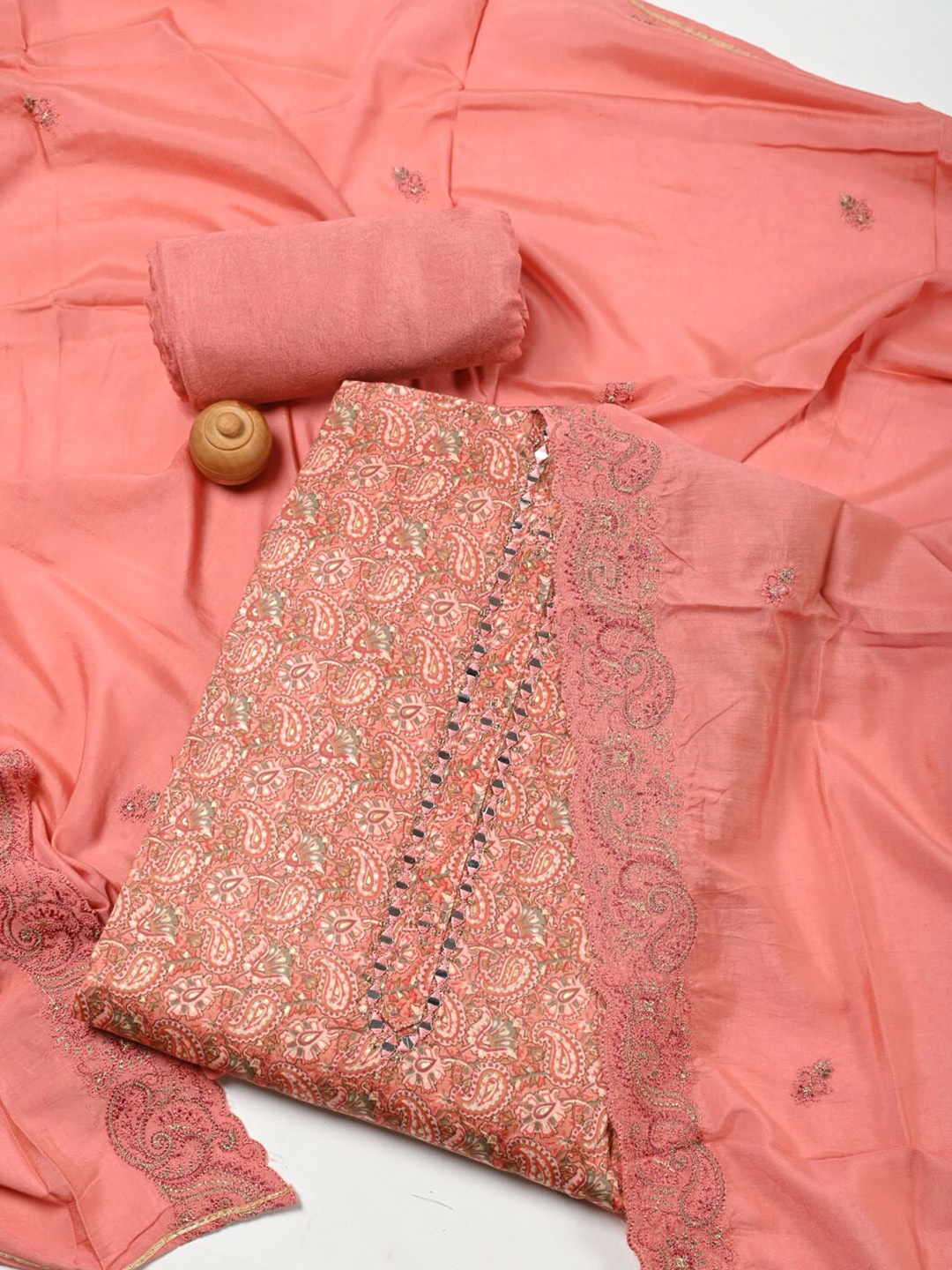 Meena Bazaar Paisley Printed Pure Cotton Unstitched Dress Material, Coral