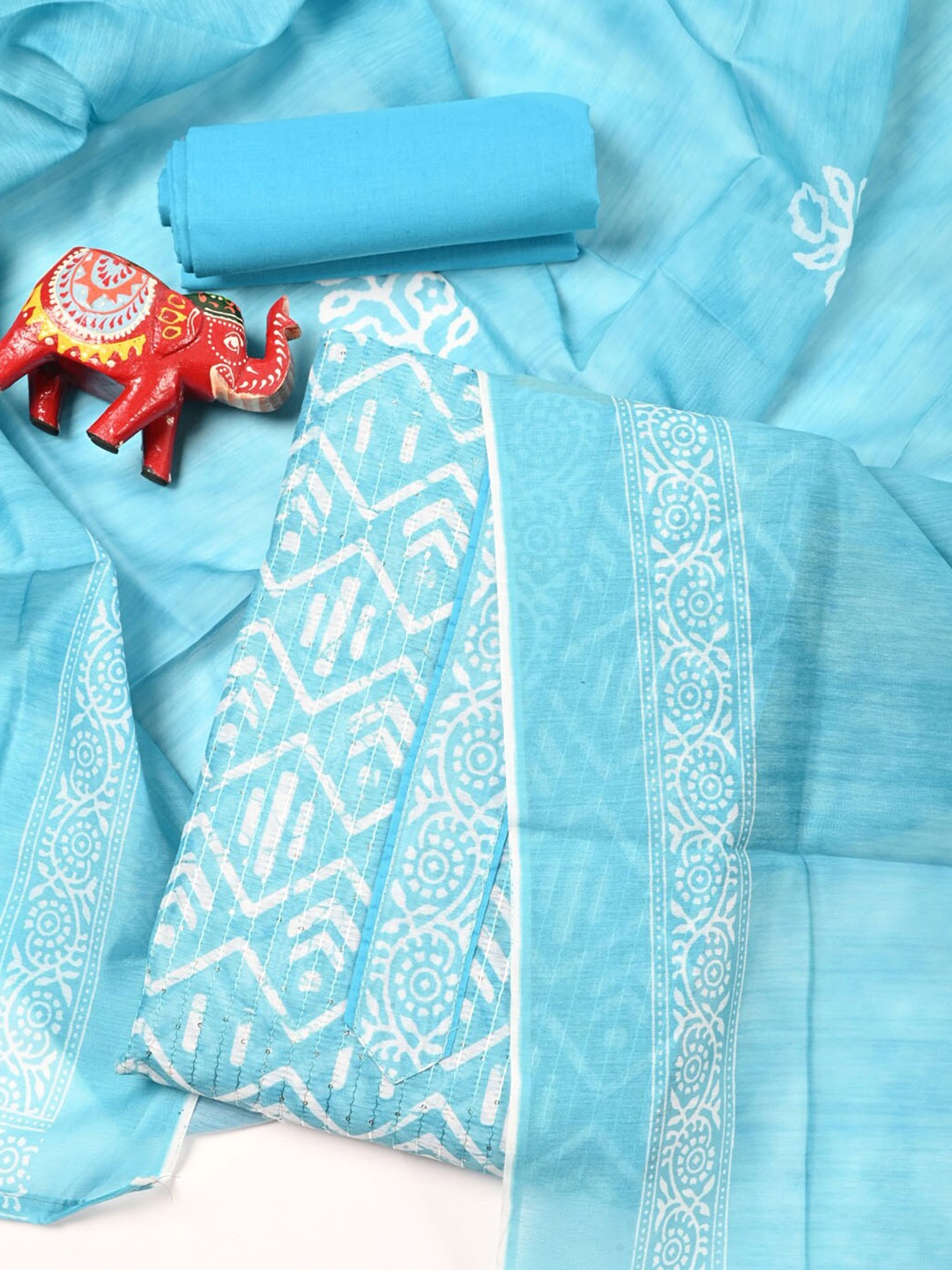 

Meena Bazaar Geometric Dupion Silk Unstitched Dress Material, Blue