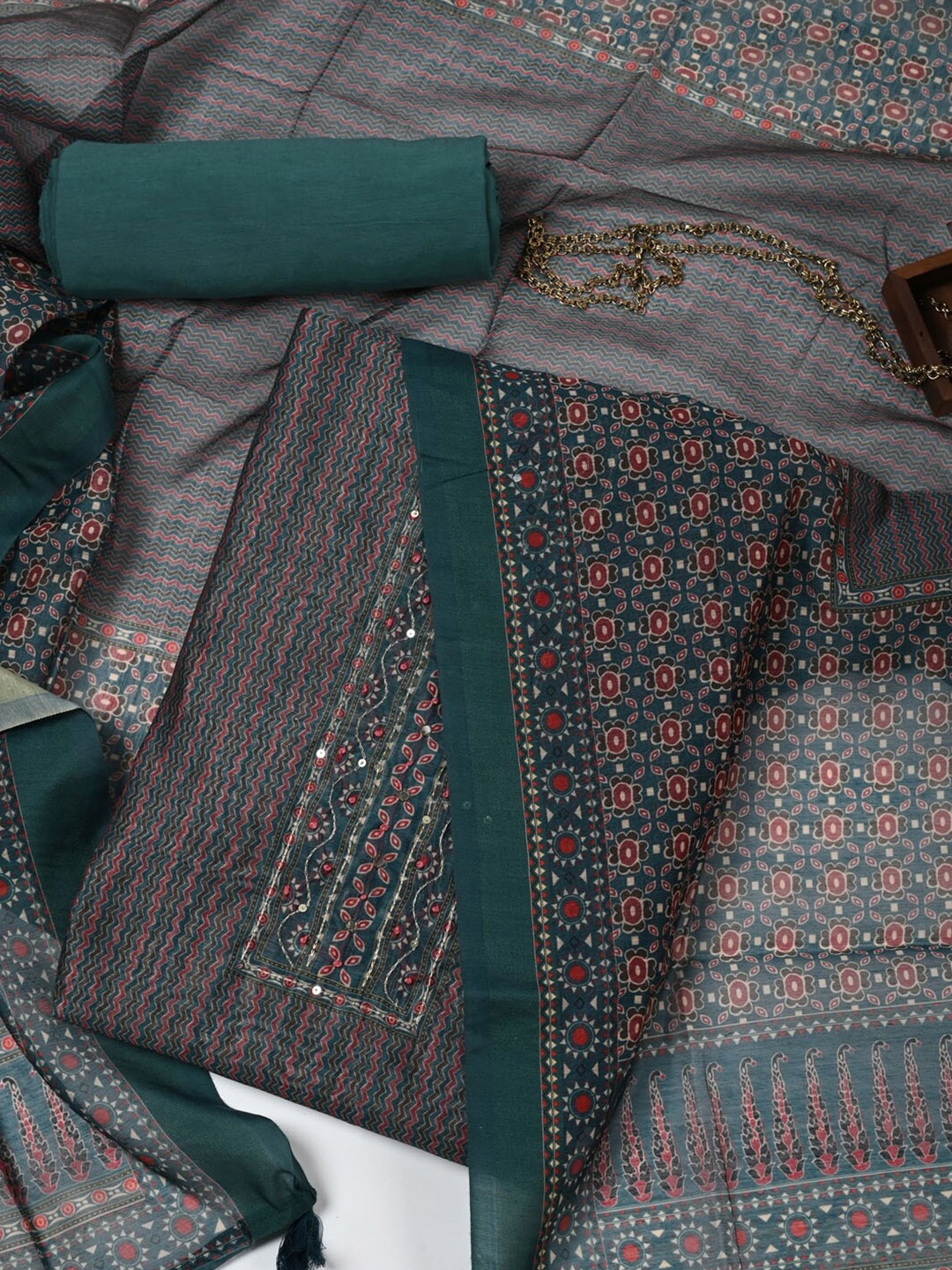 

Meena Bazaar Printed Dupion Silk Unstitched Dress Material, Green