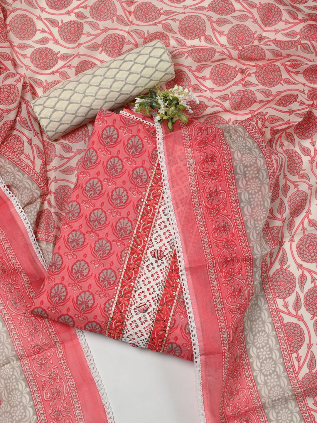 

Meena Bazaar Printed Pure Cotton Unstitched Dress Material, Pink