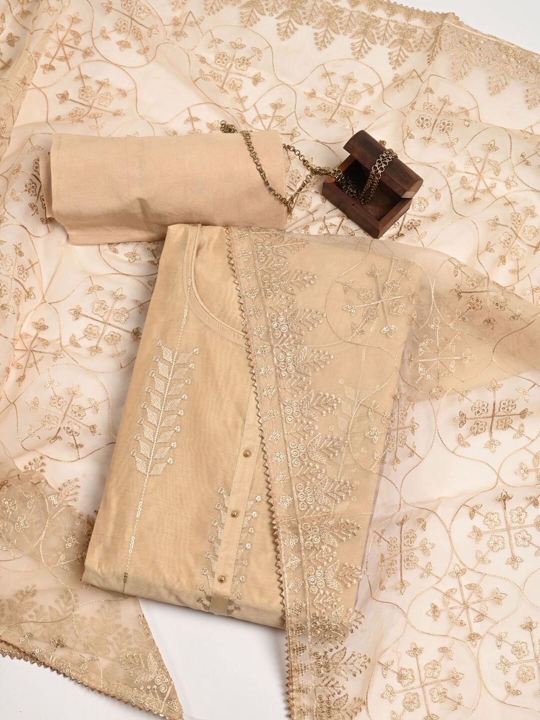 

Meena Bazaar Embroidered Dupion Silk Unstitched Dress Material, Beige