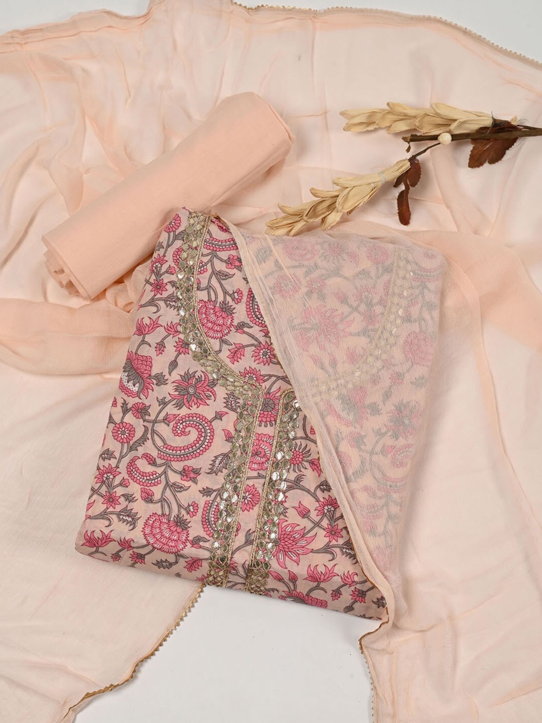 

Meena Bazaar Embroidered Pure Cotton Unstitched Dress Material, Peach