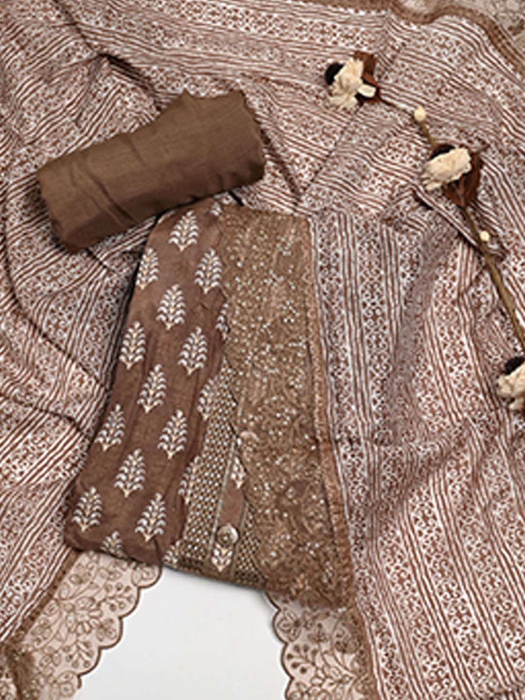 

Meena Bazaar Ethnic Motifs Printed Pure Cotton Unstitched Dress Material, Brown