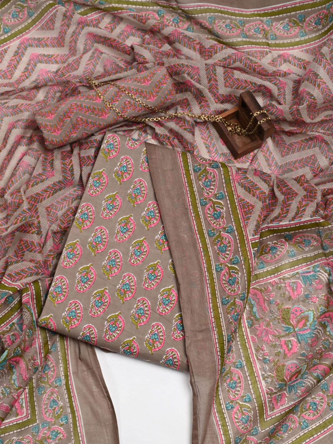 

Meena Bazaar Ethnic Motifs Printed Pure Cotton Unstitched Dress Material, Grey