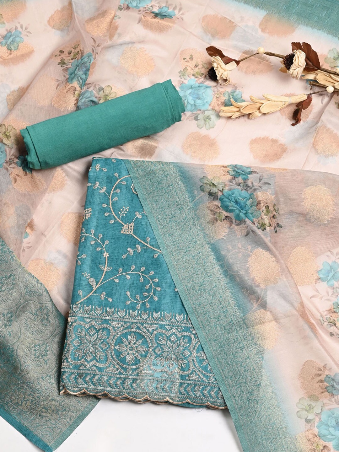 

Meena Bazaar Embroidered Dupion Silk Unstitched Dress Material, Green