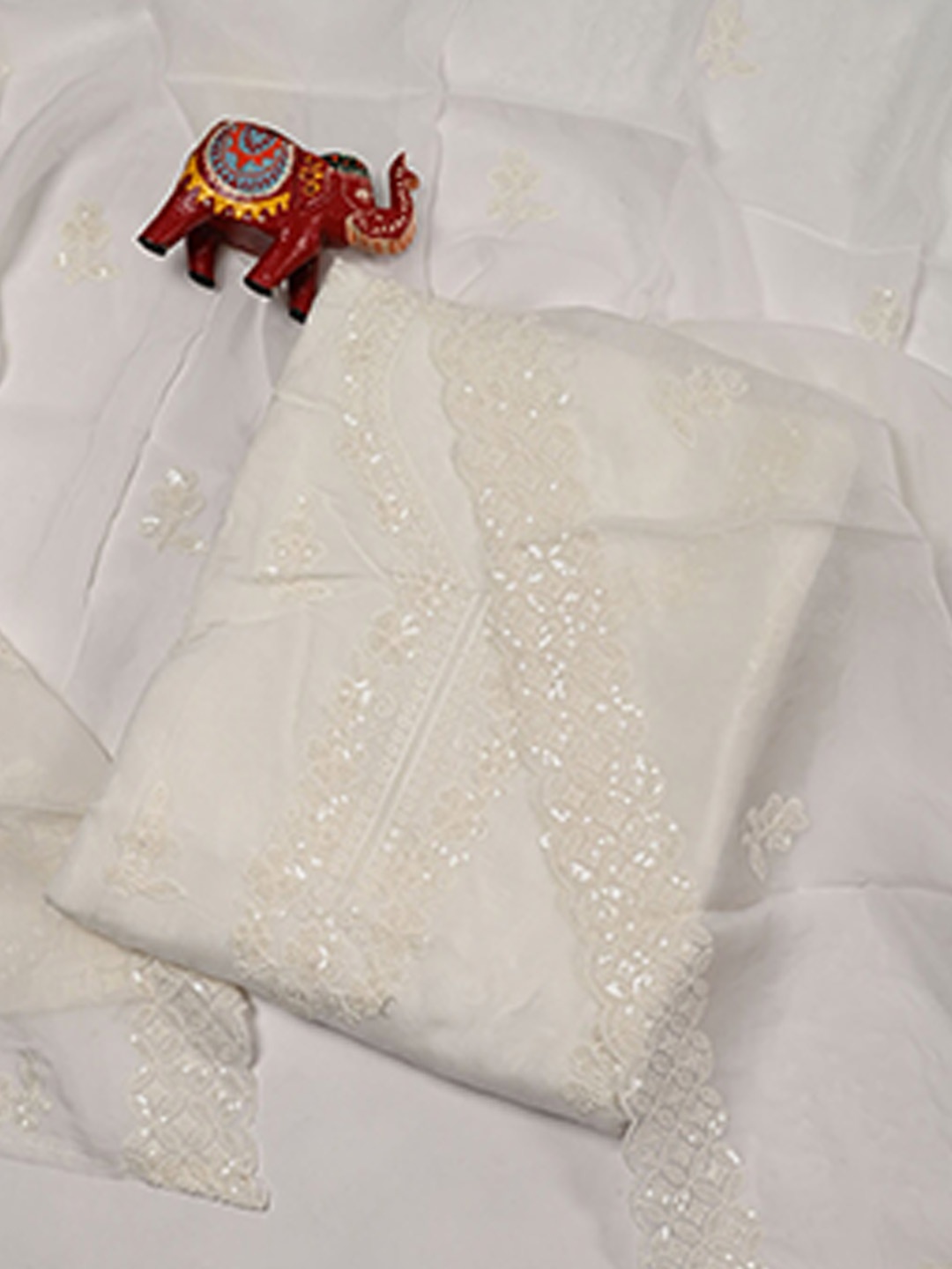 

Meena Bazaar Embroidered Organza Unstitched Dress Material, Cream