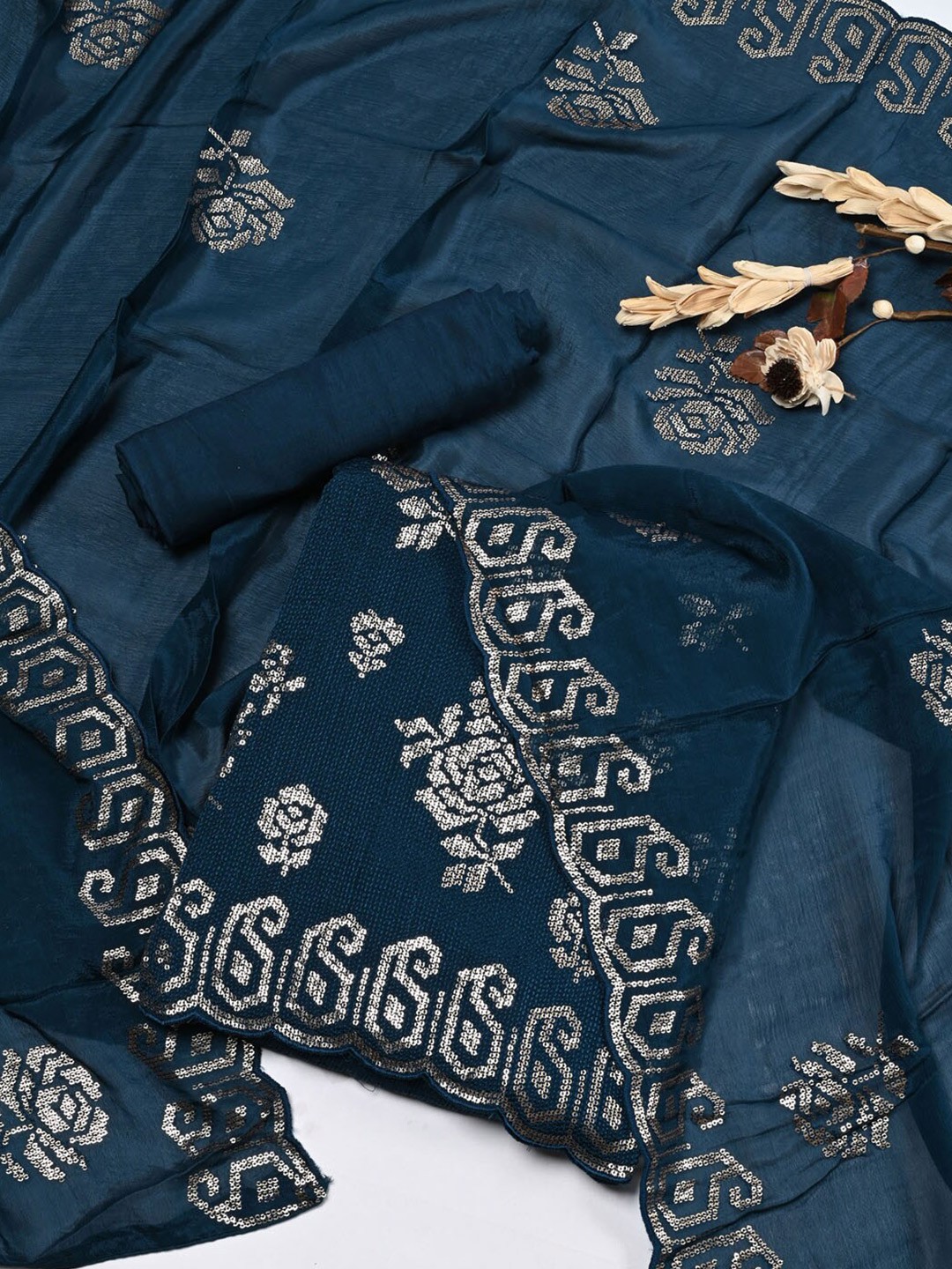 

Meena Bazaar Embellished Pure Cotton Unstitched Dress Material, Blue