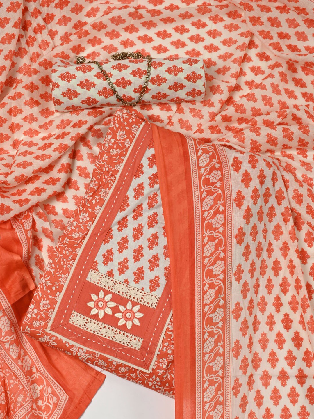 

Meena Bazaar Printed Pure Cotton Unstitched Dress Material, Coral