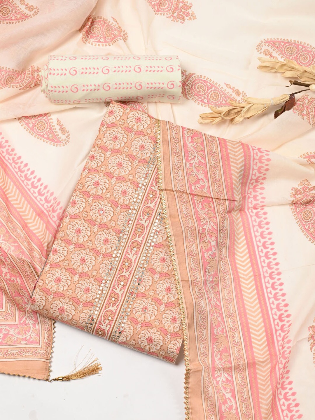 

Meena Bazaar Floral Printed Mirror Work Pure Cotton Unstitched Dress Material, Peach