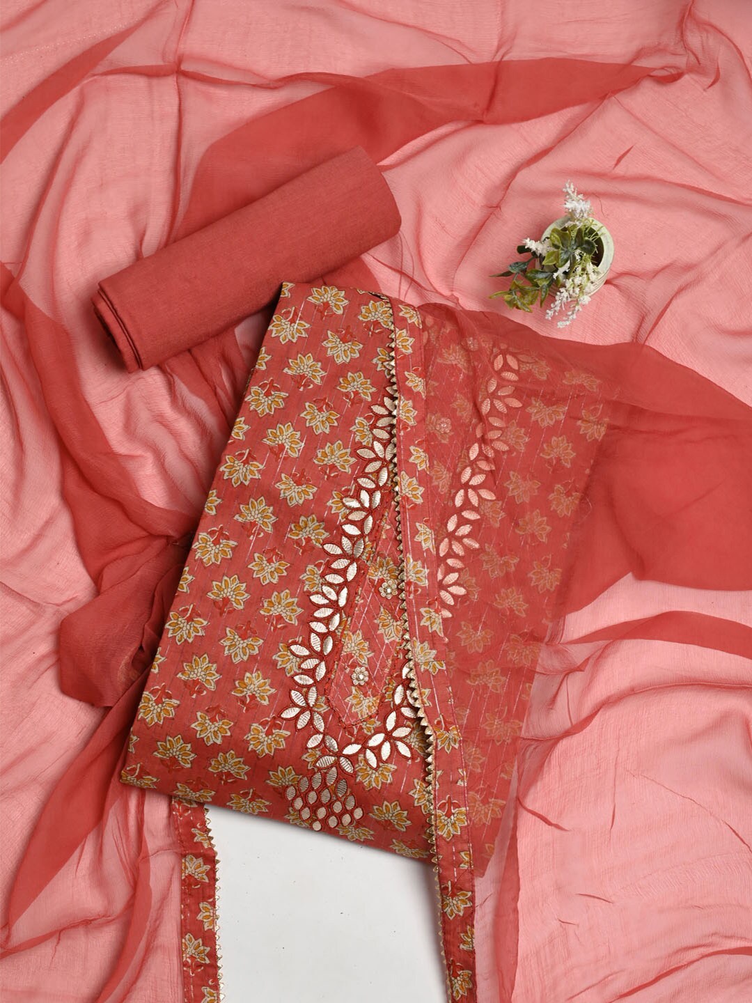 Meena Bazaar Printed Gotta Patti Pure Cotton Unstitched Dress Material, Coral