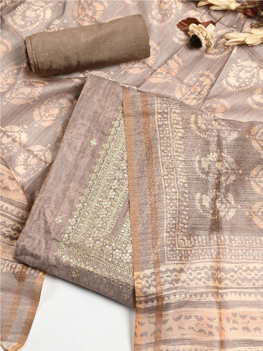 

Meena Bazaar Embroidered Sequinned Dupion Silk Unstitched Dress Material, Beige