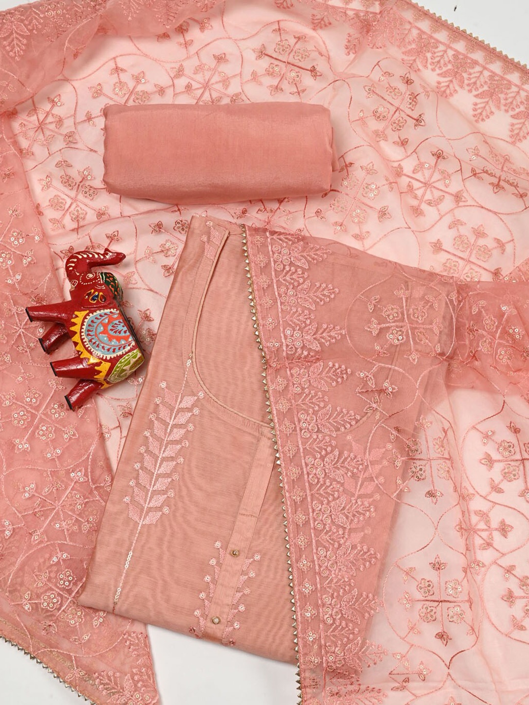 

Meena Bazaar Embroidered Sequinned Dupion Silk Unstitched Dress Material, Pink