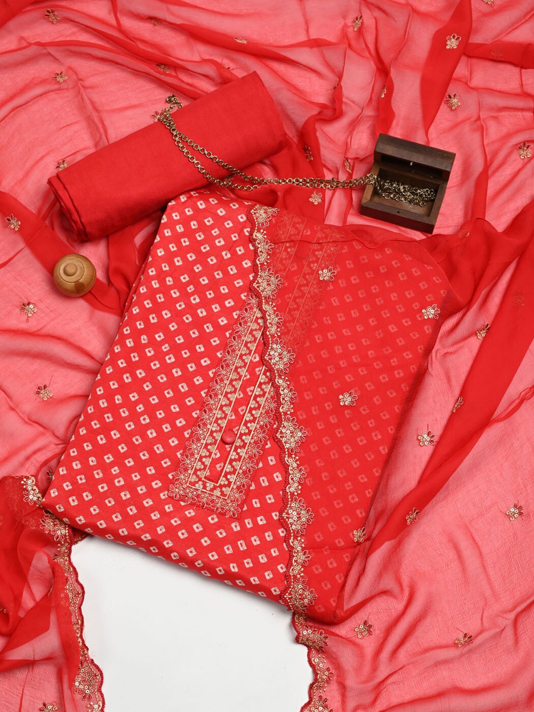 

Meena Bazaar Red & White Pure Cotton Unstitched Dress Material
