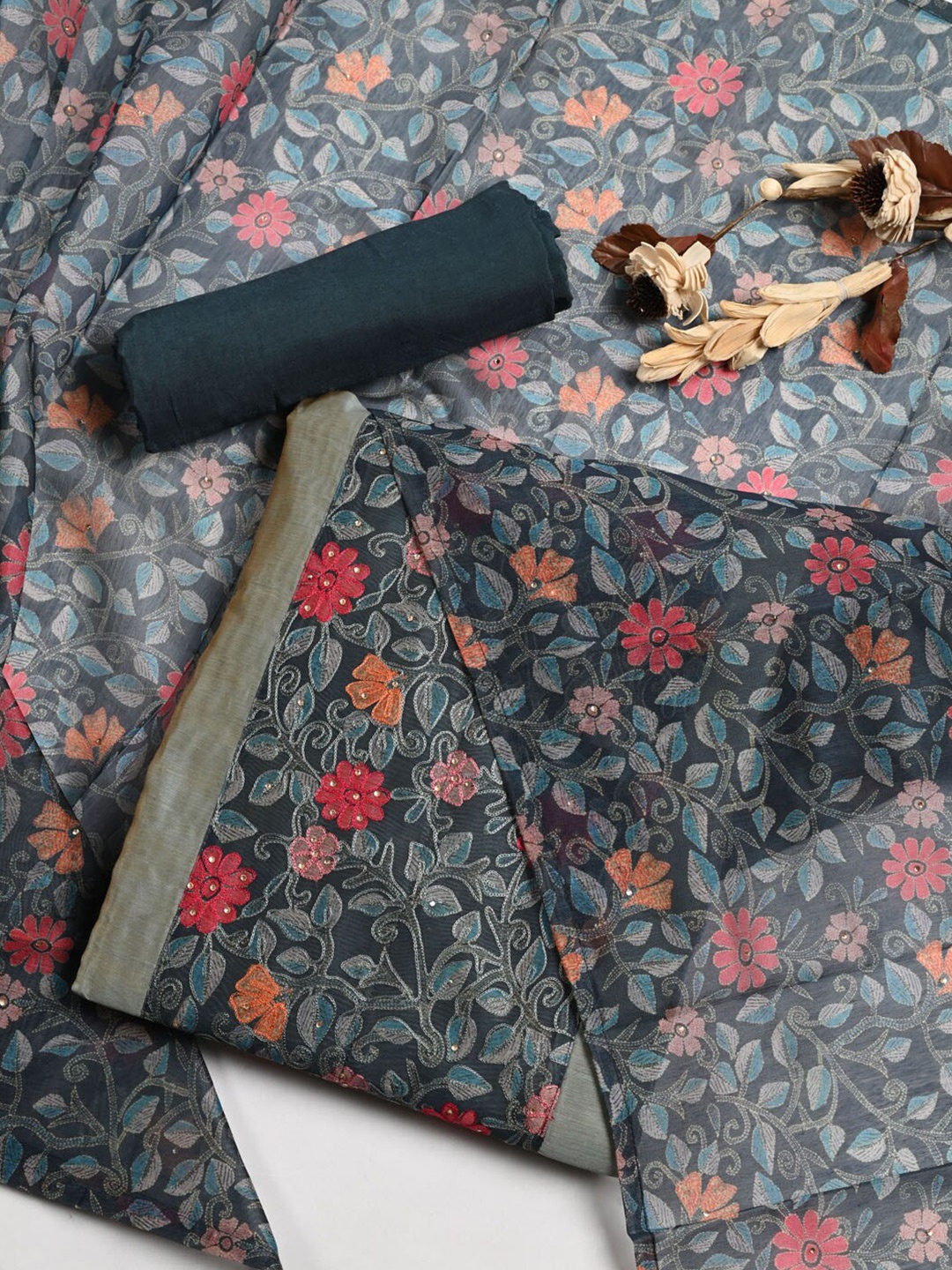 

Meena Bazaar Printed Dupion Chanderi Silk Unstitched Dress Material, Grey