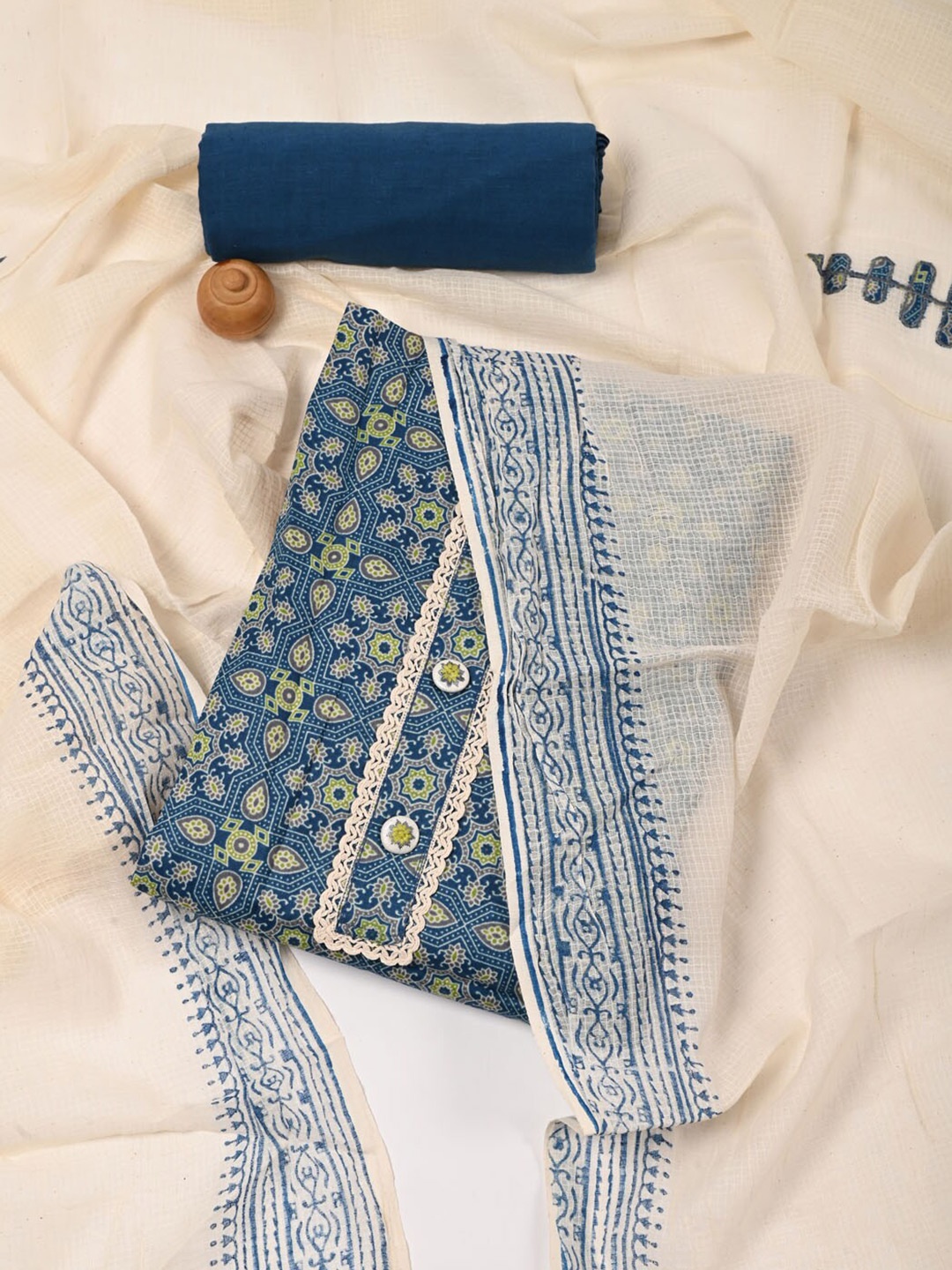 

Meena Bazaar Blue & White Pure Silk Unstitched Dress Material