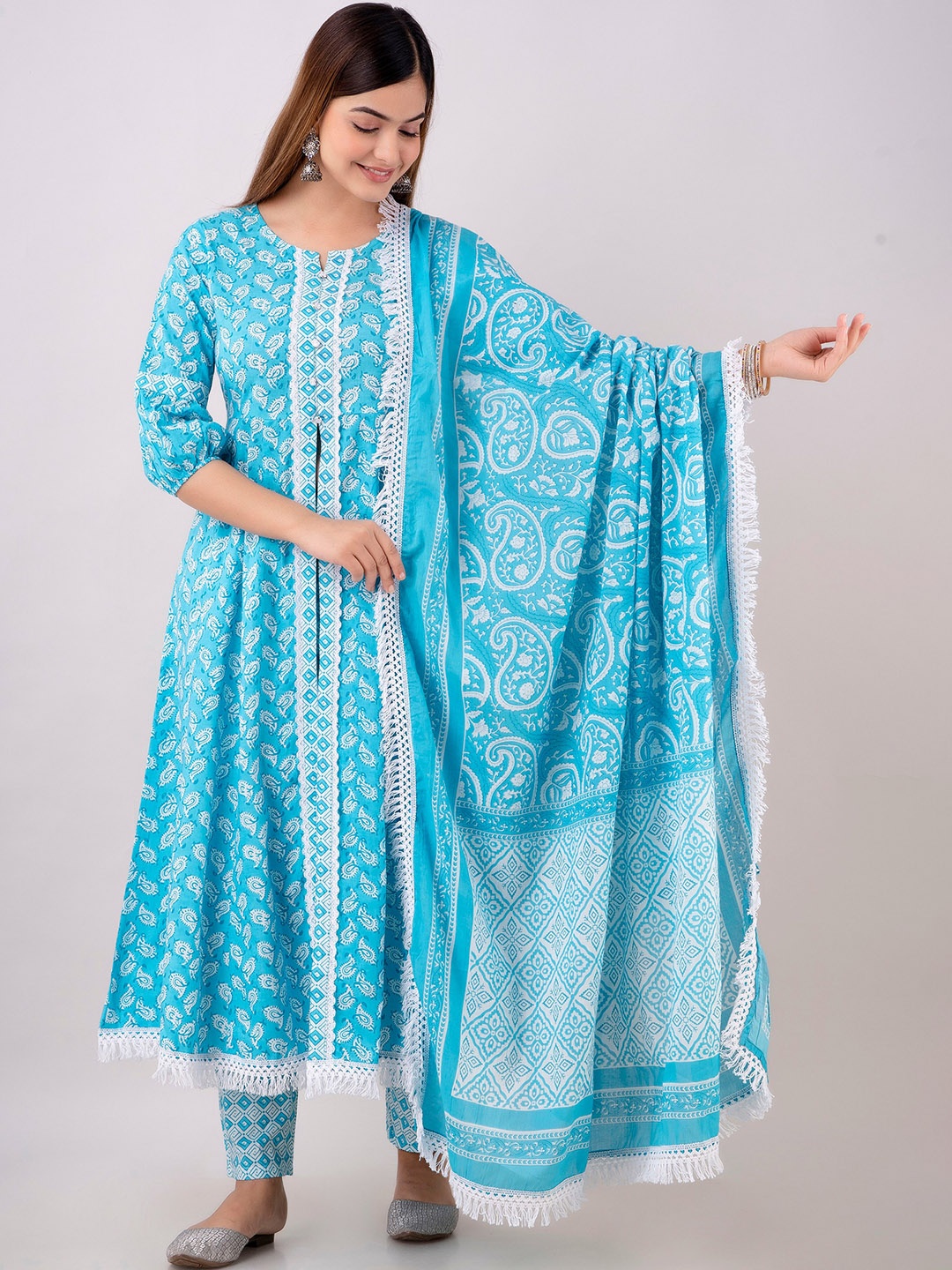 

OMASK Women Blue Paisley Printed Pure Cotton Kurta with Trousers & With Dupatta